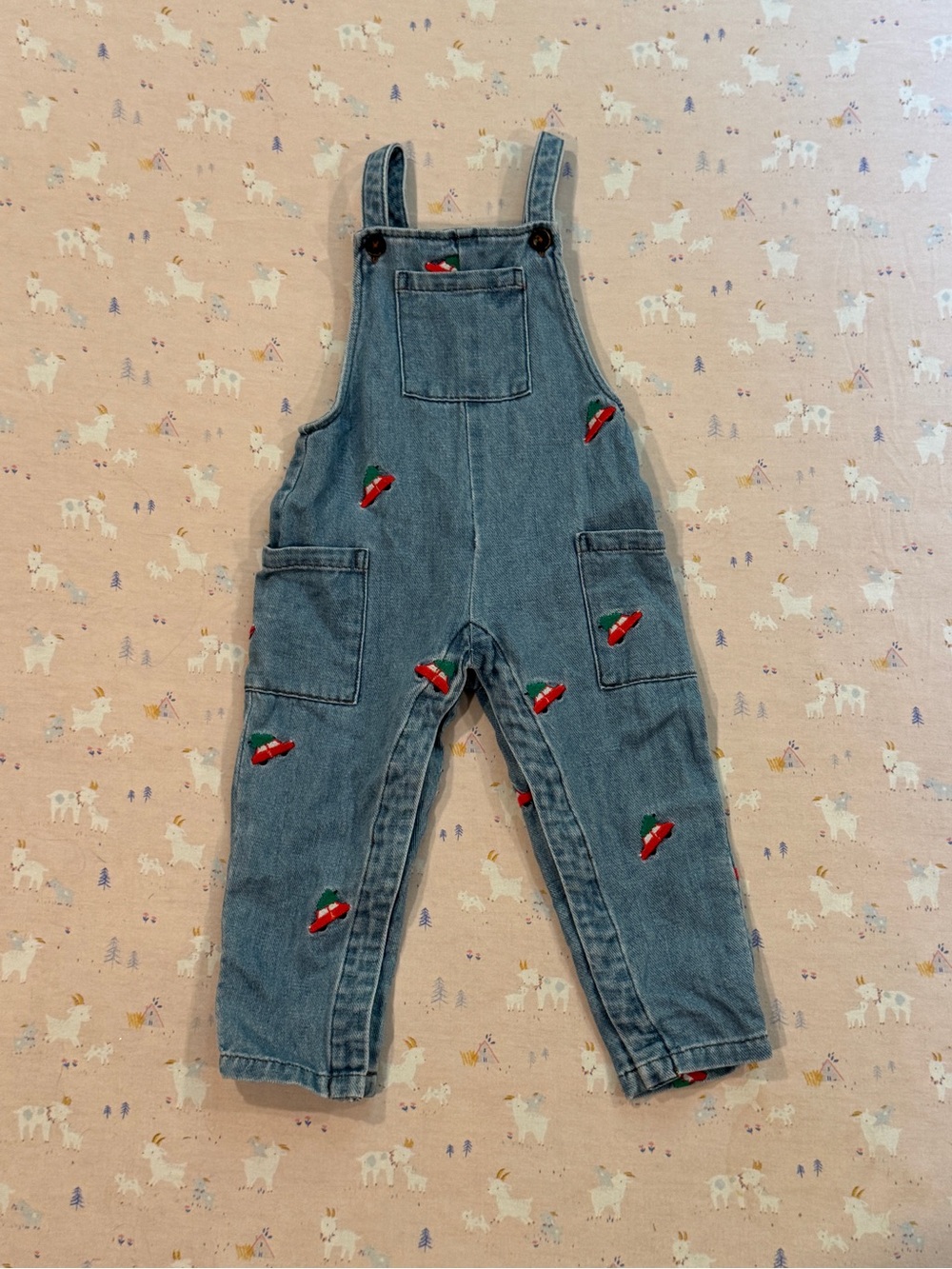 Mini Boden 18-24 mo Christmas Children's Denim Overalls w Red & Green Embroidery